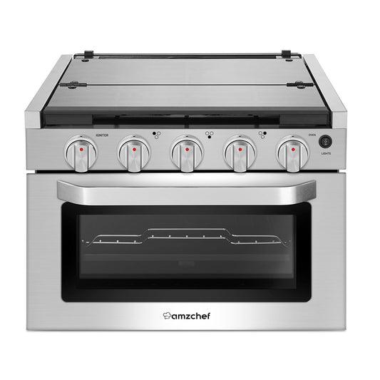 AMZCHEF 17 Inch Gas Range Stove 12V, Ideal for RV Use with 3 Burners, 1.24 Cu.Ft. Capacity Gas Oven, 28,100BTU, Open Flame Configuration, Knob work indicator, Heavy Duty Cast Iron Grates,